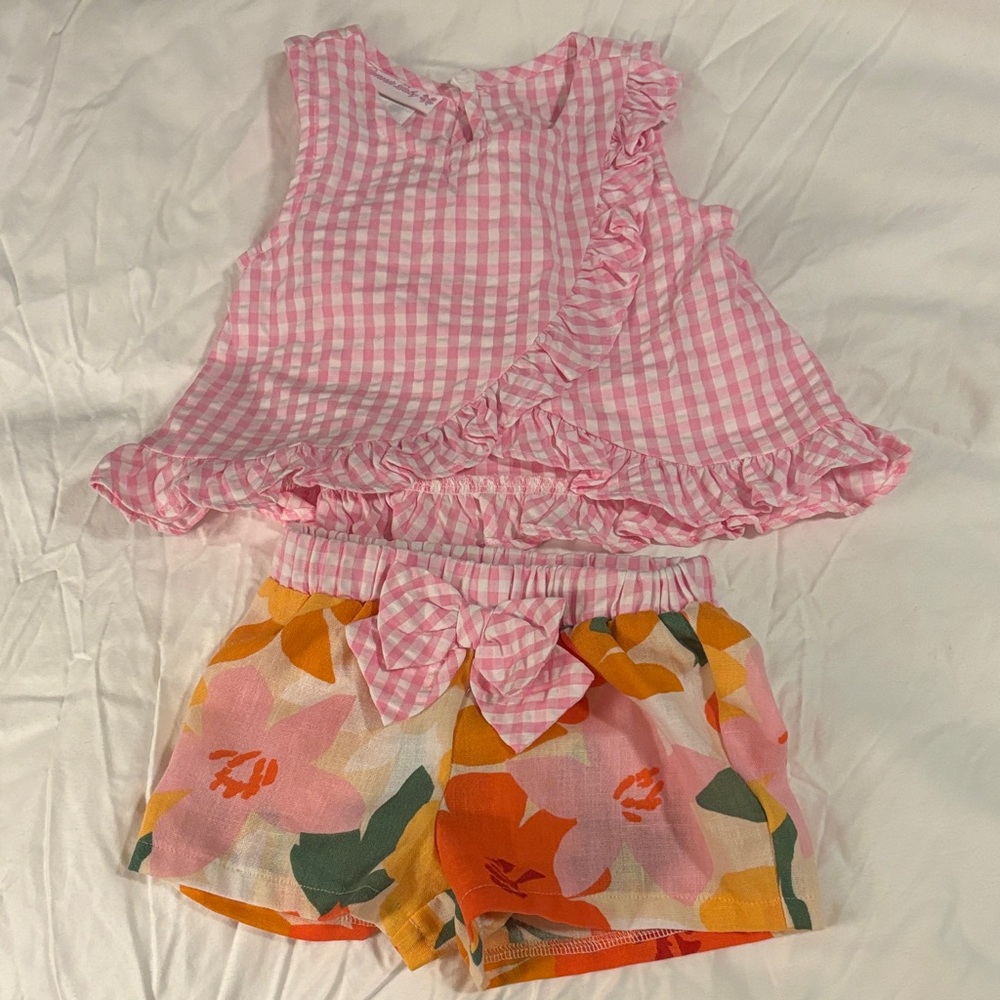 Bonnie Baby Pink and Orange Gingham Floral Set